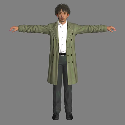 Man In Green Long Coat White Shirt And Dark Pants With Arms Outstretched 3d model
