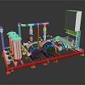 Industrial Equipment System With Blue Pumps Silver Pipes Purple Frame And Orange Base