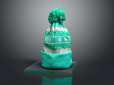 Stylish Green Knitted Beanie With Pom Pom And Geometric Pattern For Winter Fashion 3d model