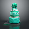Stylish Green Knitted Beanie With Pom Pom And Geometric Pattern For Winter Fashion