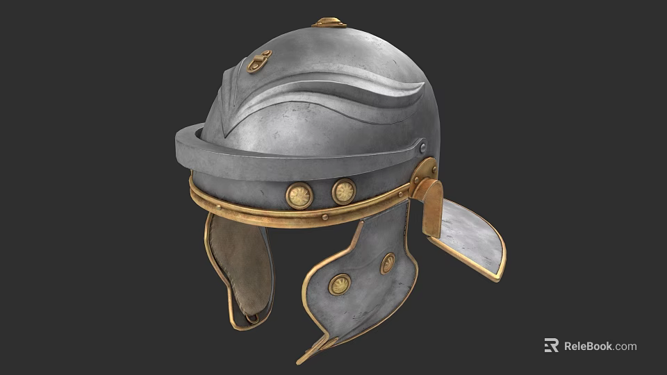 Ancient Roman Metal Helmet With Golden Circular Rivets Front Strap And Side Flaps 3d model 