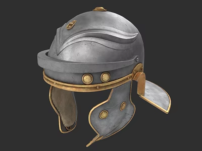 Ancient Roman Metal Helmet With Golden Circular Rivets Front Strap And Side Flaps 3d model