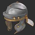 Ancient Roman Metal Helmet With Golden Circular Rivets Front Strap And Side Flaps