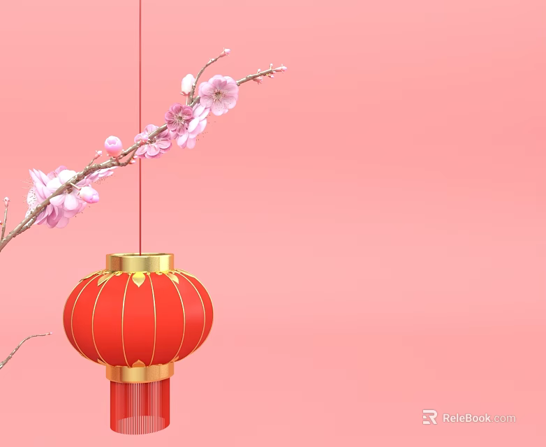 Traditional Red Lantern With Golden Accents Beside Pink Plum Blossom Branch On Pink Background 3d model 