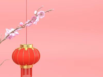 Traditional Red Lantern With Golden Accents Beside Pink Plum Blossom Branch On Pink Background 3d model