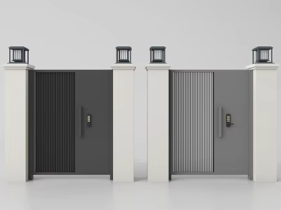 Modern Dark Slatted Gates With Light Colored Pillars And Lantern Tops 3d model