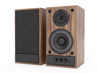 Pair of Wooden Speakers with Black Drivers and Front Control Knobs 3d model