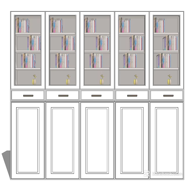 Modern Bookcase Interior Design with Glass Doors Books Drawers and Cabinet Doors 3d model 
