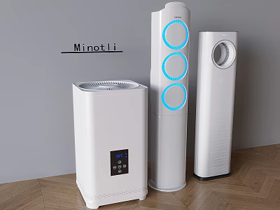 White Air Coolers With Various Designs Tower And Square With Digital Display And Blue Lights 3d model
