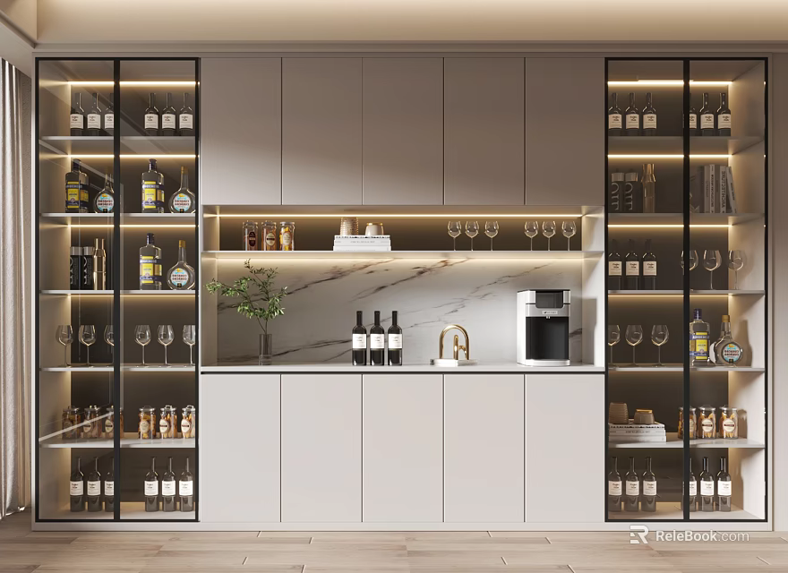 Modern Wine Cabinet With Glass Doors Wine Bottles Wine Glasses And Built-in Lighting 3d model 