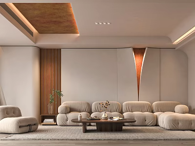 Modern Living Room With Beige Sofa Coffee Table Wooden Accents Curved Wall And Ceiling Lighting 3d model