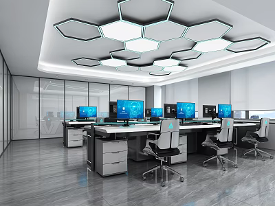Public Office Space With Multiple Computer Workstations Hexagonal Ceiling Lights Glass Partitions And Grey Flooring 3d model