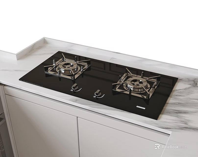 Built in Gas Stove Kitchen Appliance with Marble Countertop and White Cabinets 3d model 