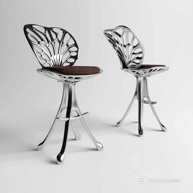Modern Bar Stools With Butterfly Wing Cutout Design Silver Metal Frame And Brown Padded Seat 3d model 
