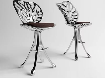 Modern Bar Stools With Butterfly Wing Cutout Design Silver Metal Frame And Brown Padded Seat 3d model