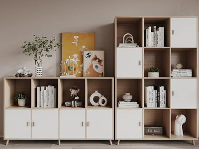 Modern Minimalist Bookshelf With Light Wood White Finish And Decorative Items Green Plants And Books 3d model