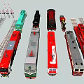 Various Colored Train Models Featuring Red Green Black Yellow Designs And Rail Tracks Signal Lights