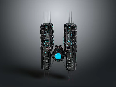 Futuristic Cosmic Spaceship Design with Symmetric Black Structures and Blue Core 3d model