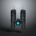 Futuristic Cosmic Spaceship Design with Symmetric Black Structures and Blue Core