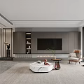 Modern Living Dining Room With Grey Sofa Marble Coffee Table TV Wall And Wooden Walls