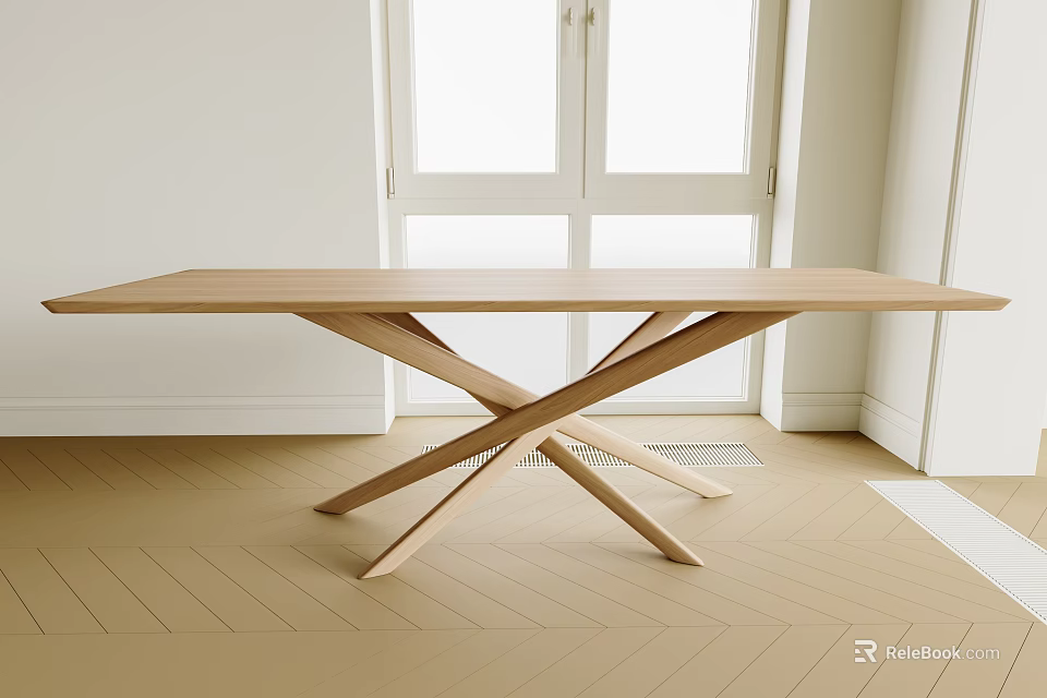 Minimalist Modern Light Wood Office Desk With Crossed Legs In Bright Room With Window 3d model 