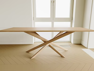 Minimalist Modern Light Wood Office Desk With Crossed Legs In Bright Room With Window 3d model