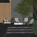 Modern Garden Landscape With Outdoor Seating Sofa Chairs Trees Stone Steps And Warm Lighting