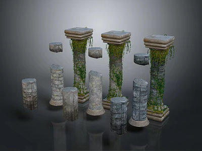 Various Stone Columns Adorned with Green Vines and Vintage Design Elements 3d model