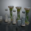 Various Stone Columns Adorned with Green Vines and Vintage Design Elements 3d model