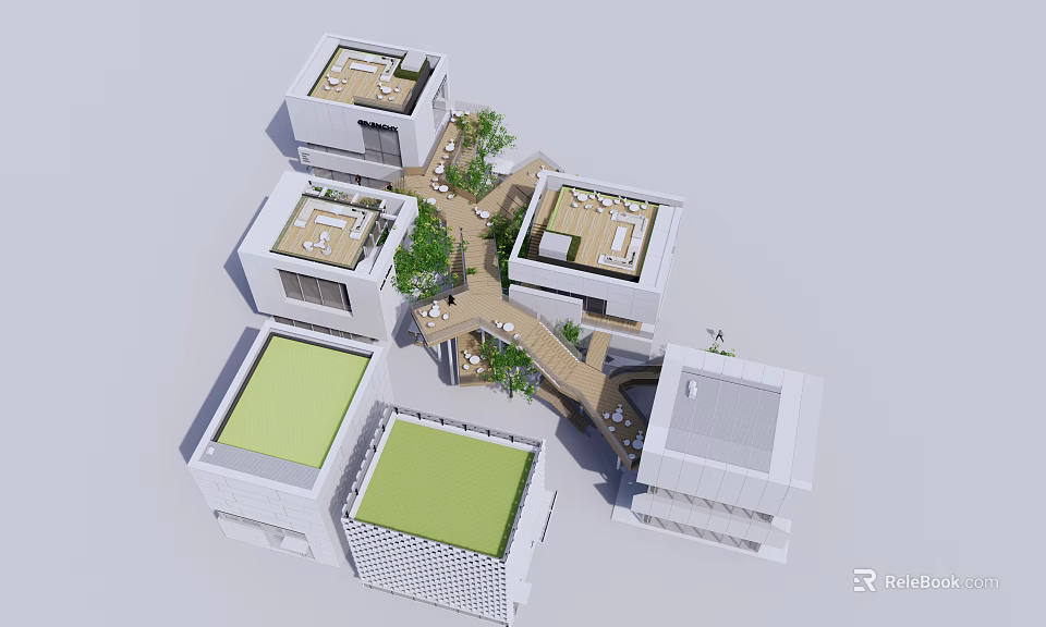 Modern Detached Villa Complex With Green Roofs Courtyard And Connecting Walkways 3d model 