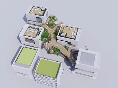 Modern Detached Villa Complex With Green Roofs Courtyard And Connecting Walkways 3d model