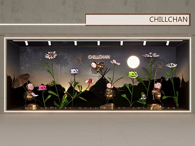 Chillchan Themed Window Display Featuring Flowers Bees Moon And Umbrella Decorations 3d model