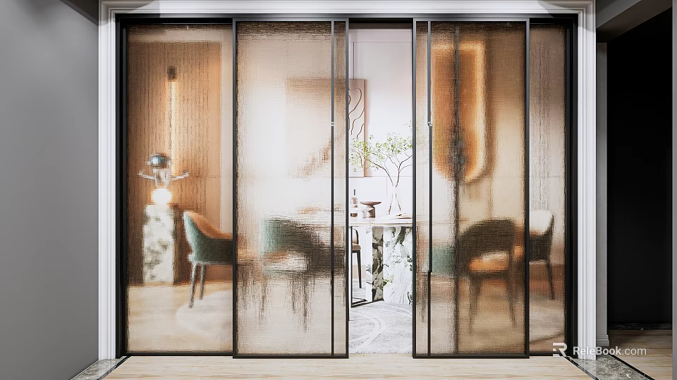 Modern Sliding Glass Doors With Black Frame Design In Interior Dining Space 3d model 