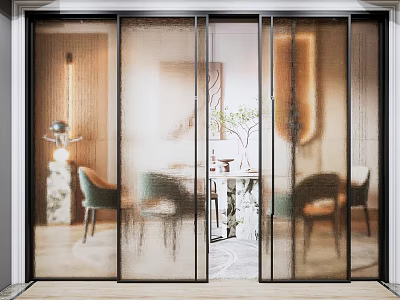 Modern Sliding Glass Doors With Black Frame Design In Interior Dining Space 3d model