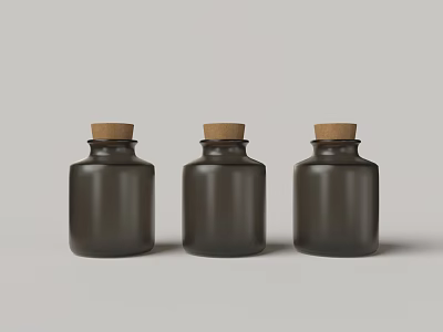Three Dark Brown Glass Spice Jars With Cork Stoppers On Neutral Background 3d model