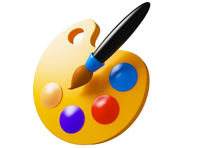 Yellow Paint Palette With Paintbrush And Colorful Paint Blobs Red Blue Purple Orange 3d model