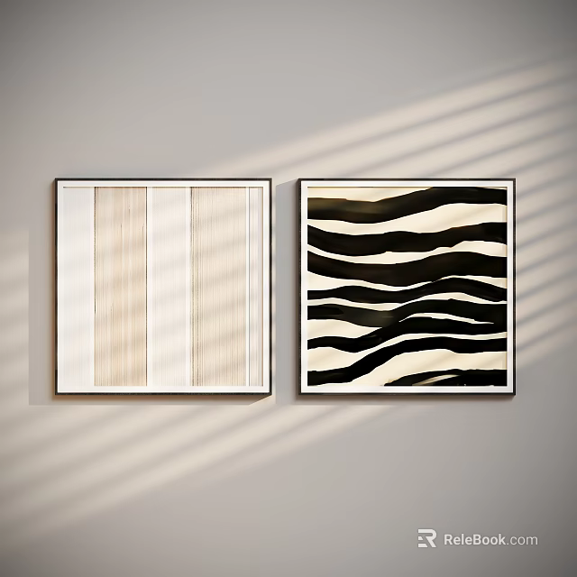 Abstract Paintings With Vertical And Wavy Stripes Framed On Light Wall 3d model