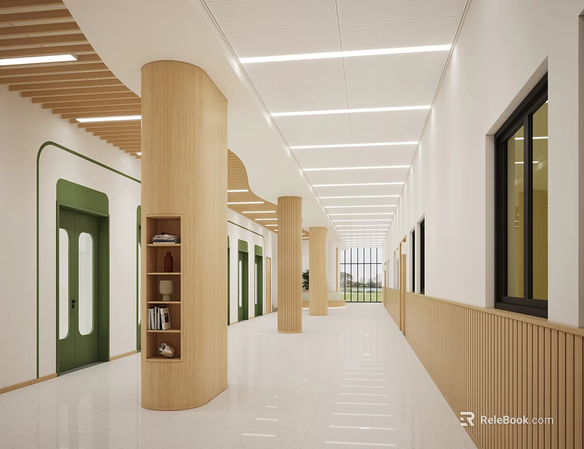 Modern Elevator Hallway With Wooden Pillars Green Doors White Ceiling Lighting And Bookshelves 3d model 