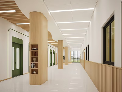 Modern Elevator Hallway With Wooden Pillars Green Doors White Ceiling Lighting And Bookshelves 3d model