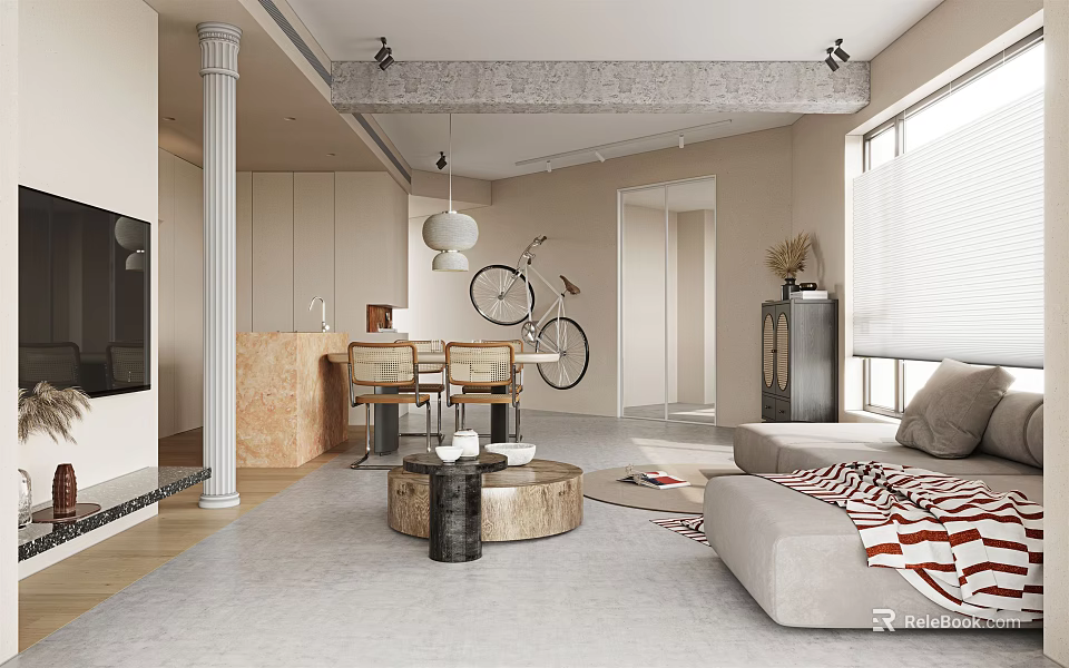 Modern Living Dining Room Interior Design With Open Layout Sofa Counter Stools And Bicycle Decor 3d model 