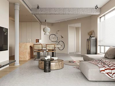 Modern Living Dining Room Interior Design With Open Layout Sofa Counter Stools And Bicycle Decor 3d model