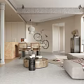 Modern Living Dining Room Interior Design With Open Layout Sofa Counter Stools And Bicycle Decor