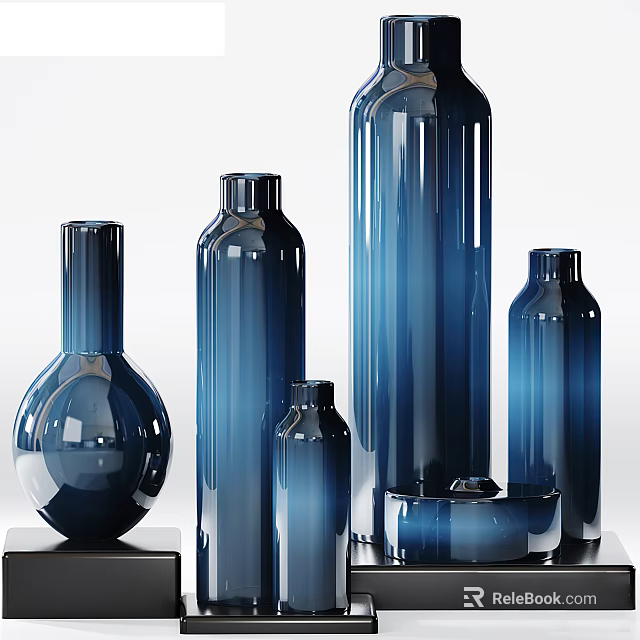 Modern Blue Glass Vase Ornament Decor Set with Various Shapes and Glossy Finish for Home Decor 3d model 