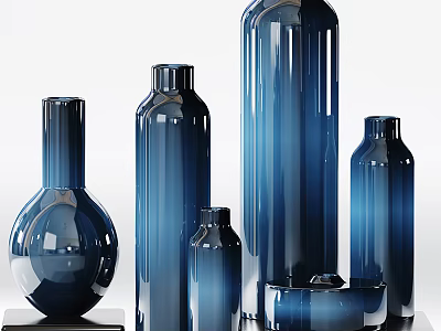 Modern Blue Glass Vase Ornament Decor Set with Various Shapes and Glossy Finish for Home Decor 3d model