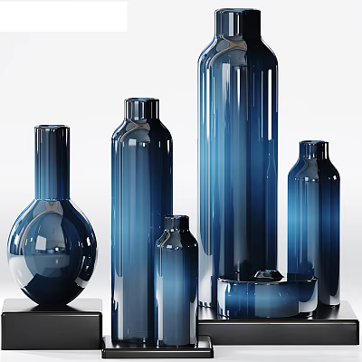 Modern Blue Glass Vase Ornament Decor Set with Various Shapes and Glossy Finish for Home Decor 3d model