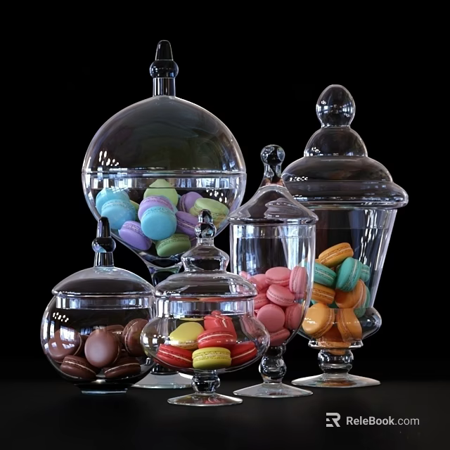 Ceramic Storage Jars With Glass Lids Holding Colorful Macaron Cookies 3d model 