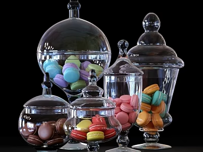 Ceramic Storage Jars With Glass Lids Holding Colorful Macaron Cookies 3d model