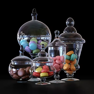 Ceramic Storage Jars With Glass Lids Holding Colorful Macaron Cookies 3d model