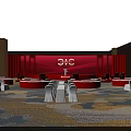 Event Stage Setup With Red Backdrop White Logo And Surrounding Tables Chairs 3d model