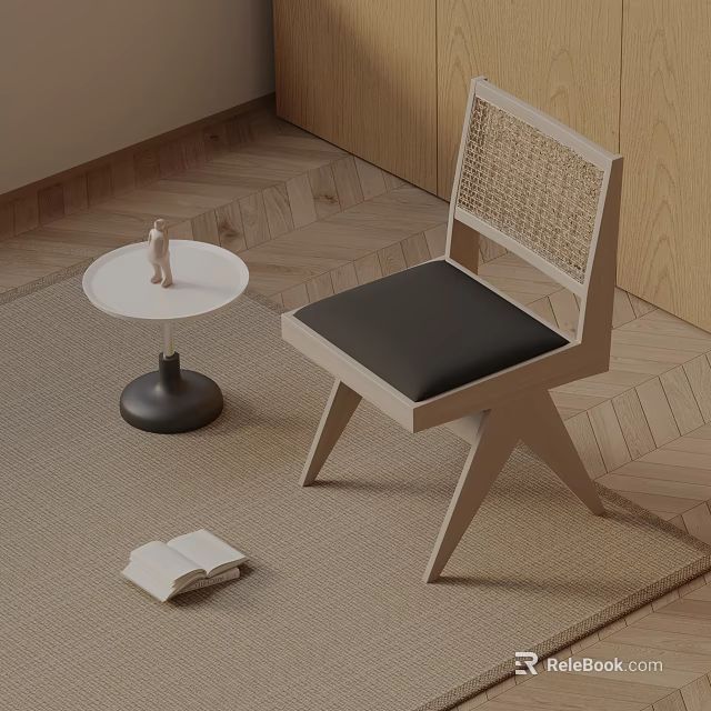 Minimalist Wooden Dining Chair With Rattan Back And Black Cushion On Rug With Small Table 3d model 